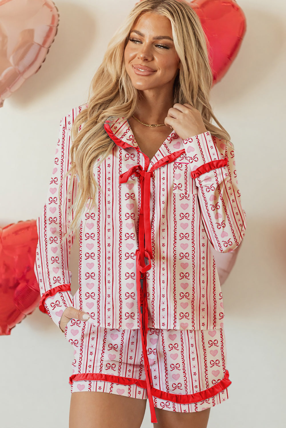 Red Sweet Floral Heart Bow Print Contrast Trim Long Sleeve Shirt Pajama Short Set