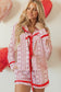 Red Sweet Floral Heart Bow Print Contrast Trim Long Sleeve Shirt Pajama Short Set