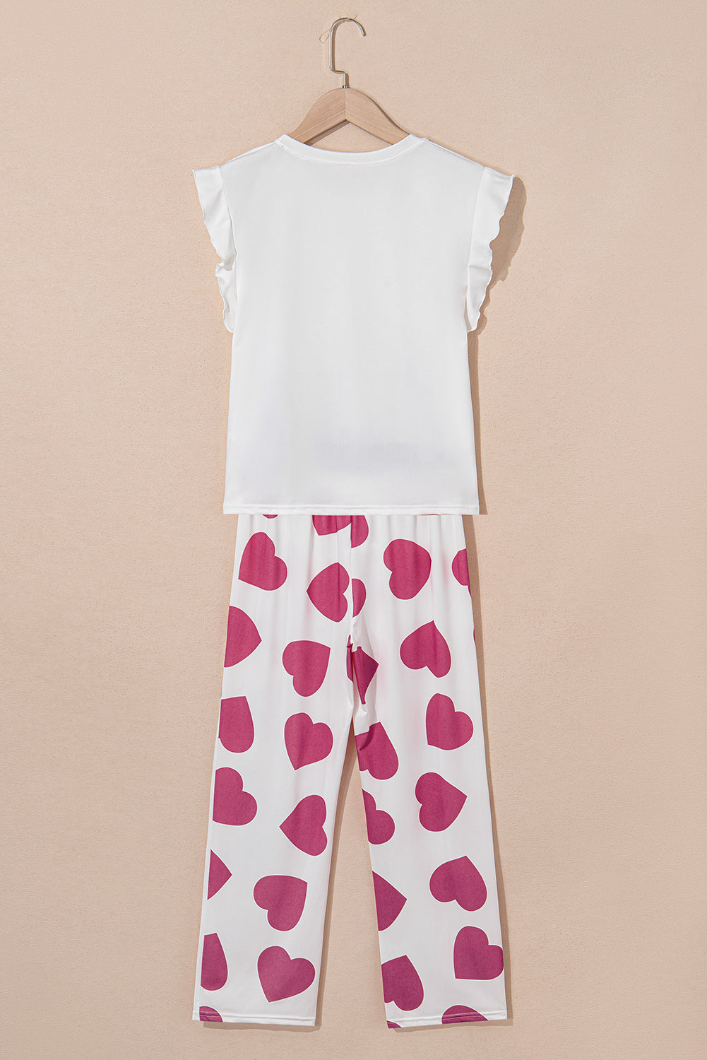 Pink Heart Print Ruffle Sleeveless Top and Pants Pajama Set