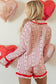 Red Sweet Floral Heart Bow Print Contrast Trim Long Sleeve Shirt Pajama Short Set